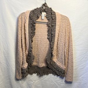 Chico’s size “0” women’s cardigan sweater, ruffled, long sleeve, beige.